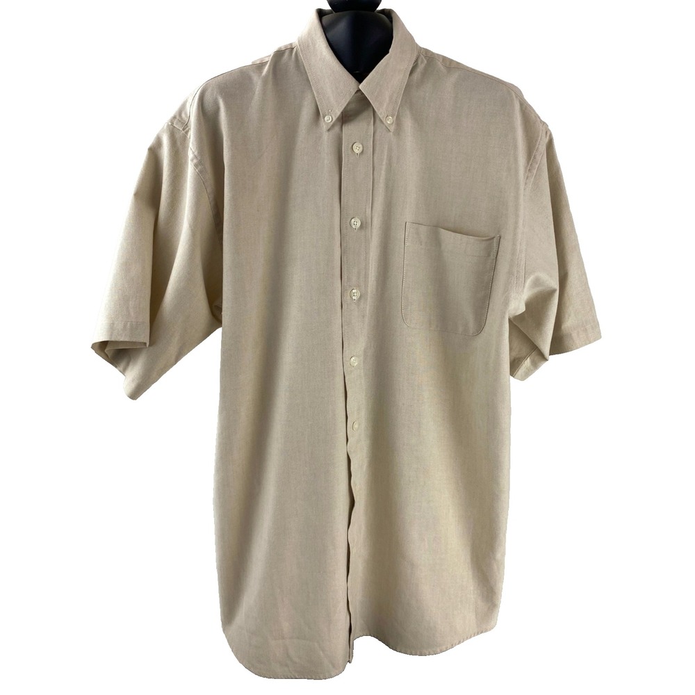 Van Heusen  Chambray Short Sleeve Shirt Men's Large T Easy Care Cotton Lt Brown